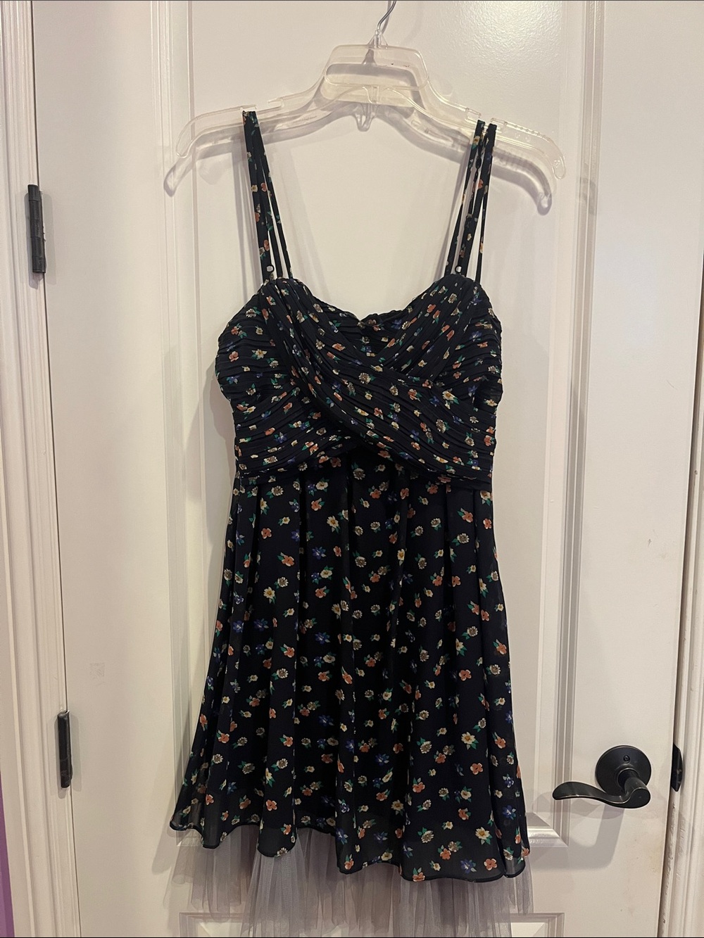 Ryu Navy Floral Mesh Hem Dress Women's Medium Ruched Babydoll Mini Dress